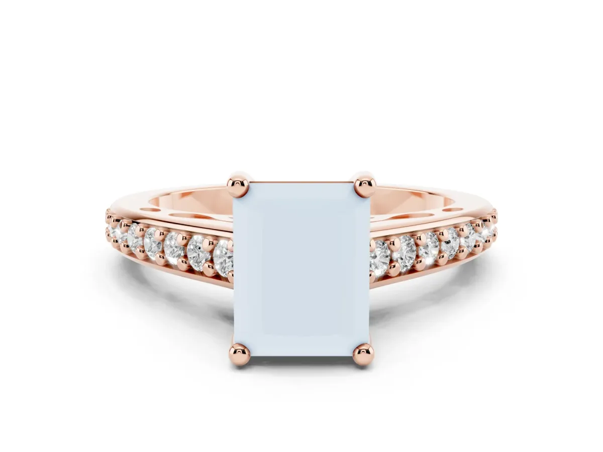 Radiant Cut Diamond Prong Set Solitaire Engagement Ring Set in Rose gold with Pavé Band