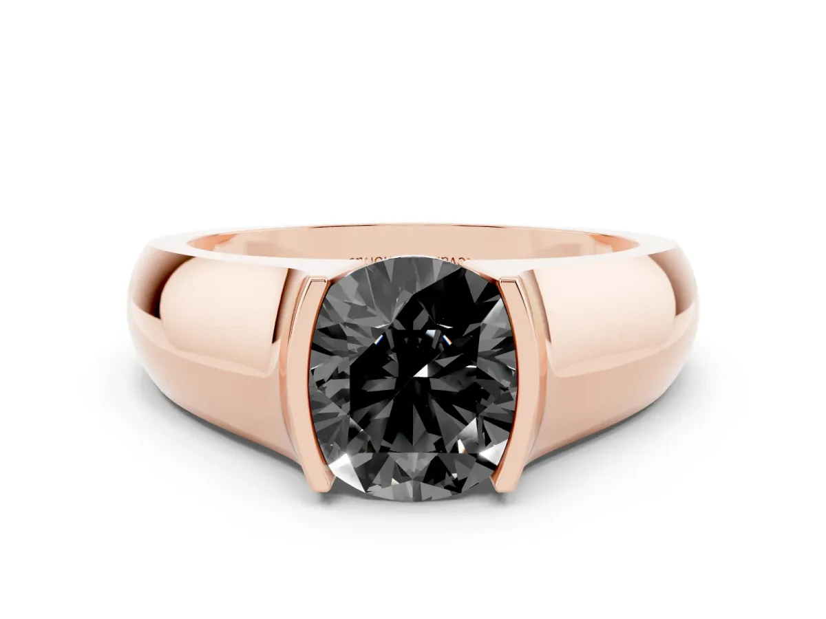 Fancy Black Round Cut Diamond Bezel Solitaire Ring Set in Rose gold with Wide Band