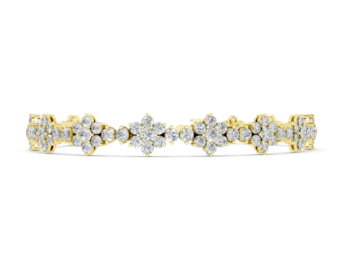 Round Diamond Floral Cluster Tennis Bracelet Set in Yellow gold with Prong Setting