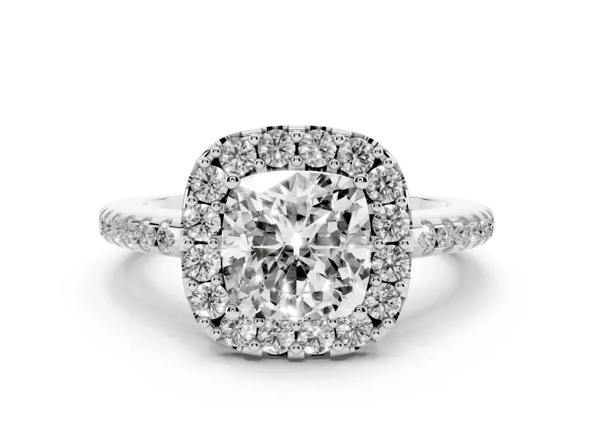 Cushion Cut Diamond Pavé Halo Ring Set in Silver with Prong Setting