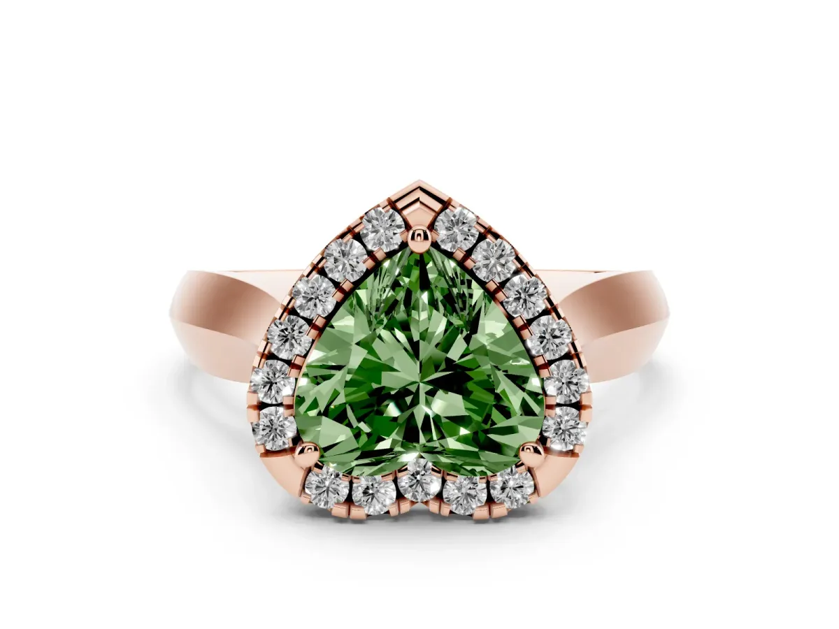 Fancy Green Heart Cut Diamond Halo Solitaire Engagement Ring Set in Rose gold with Square Band and Prong Setting