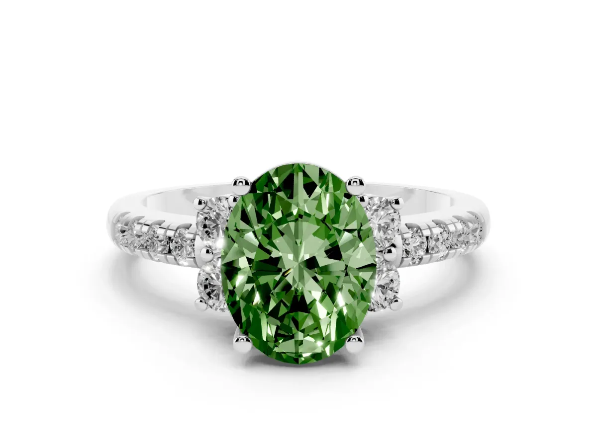 Fancy Green Oval Cut Diamond Three-Stone Pavé Ring Set in Silver with Prong Setting
