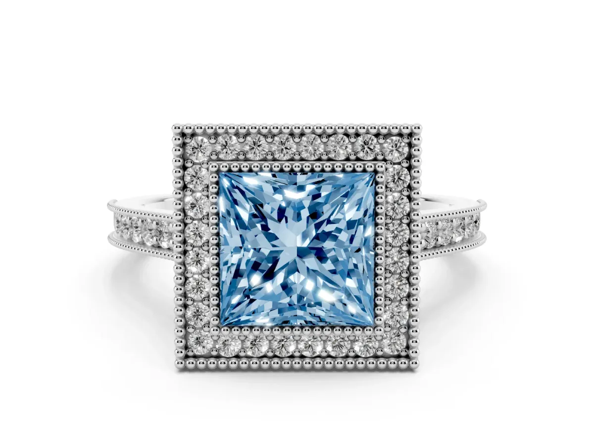 Fancy Blue Princess Cut Diamond Halo Milgrain Pavé Band Ring Set in Platinum with Prong Setting