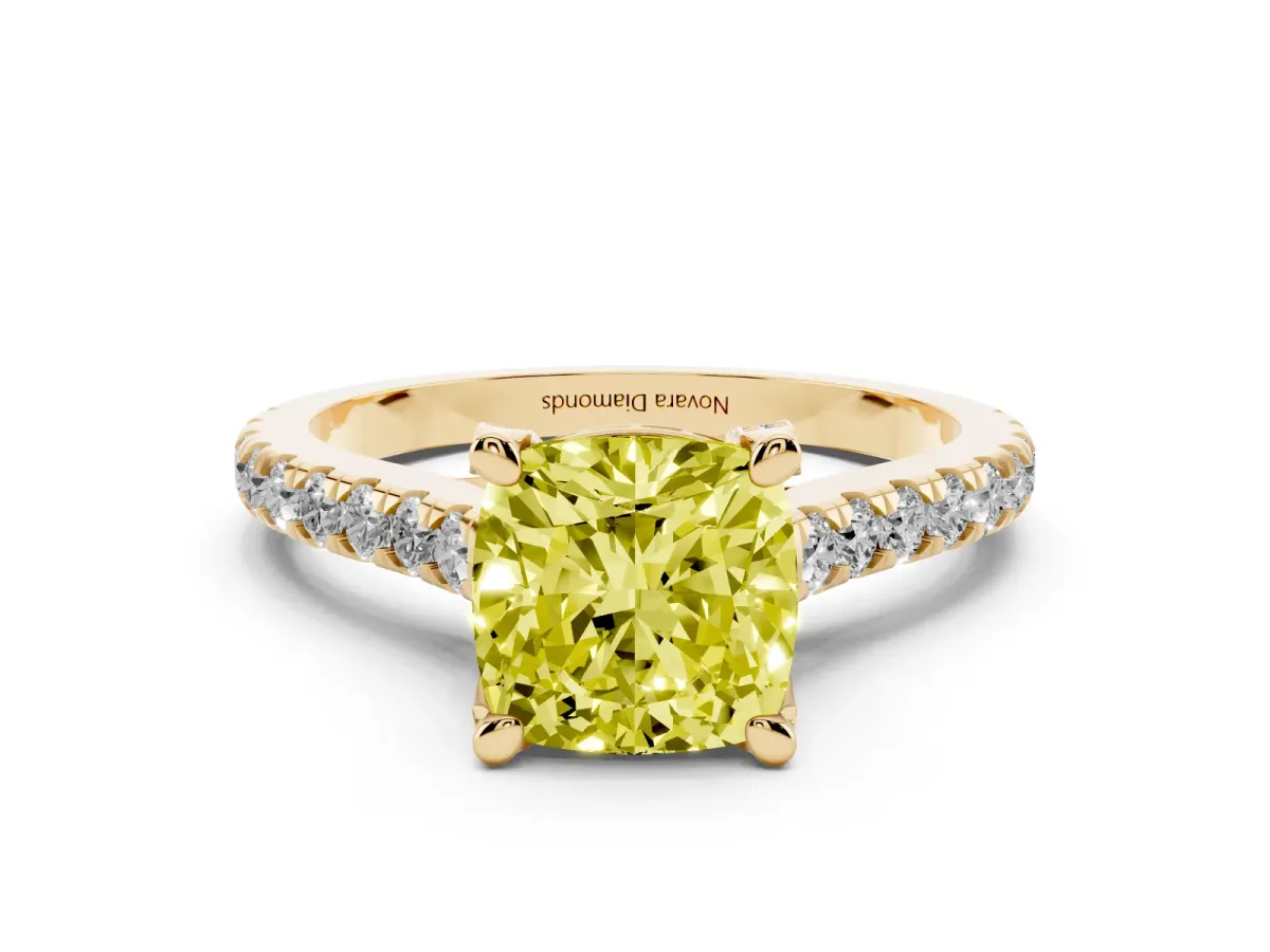 Fancy Yellow Cushion Cut Diamond Solitaire Ring Set in Yellow gold with Brilliant Pavé Band and Prong Setting