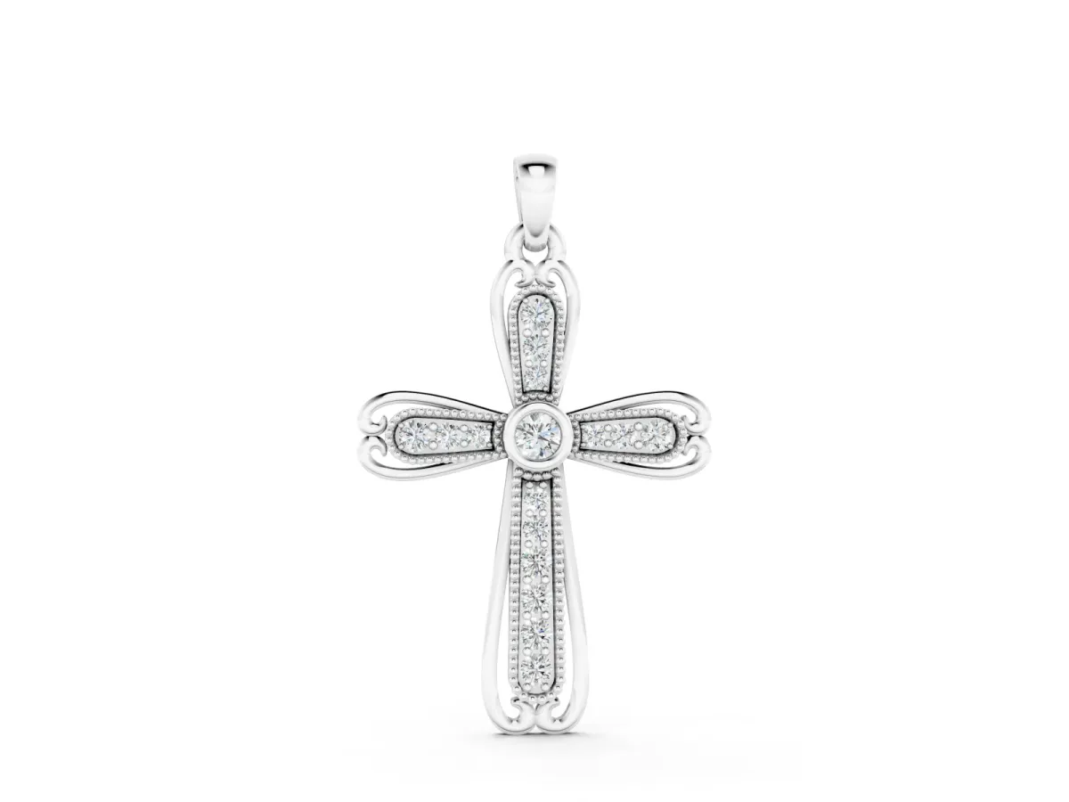 Pavé Round Diamond Cross Pendant Set in White gold with Bezel Outline