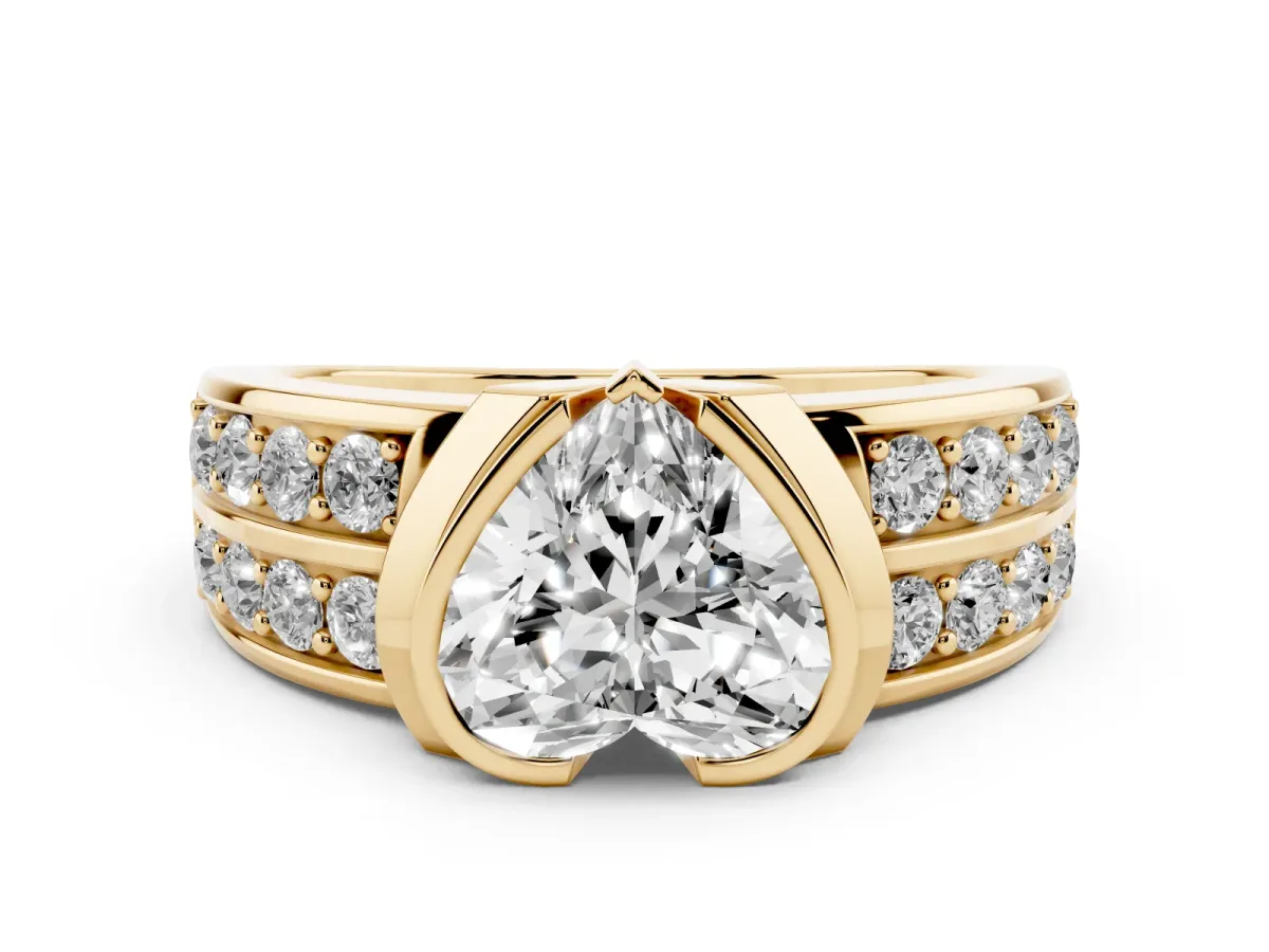 Heart Cut Diamond Wide Channel Set Band Ring Set in Yellow gold with Bezel Setting
