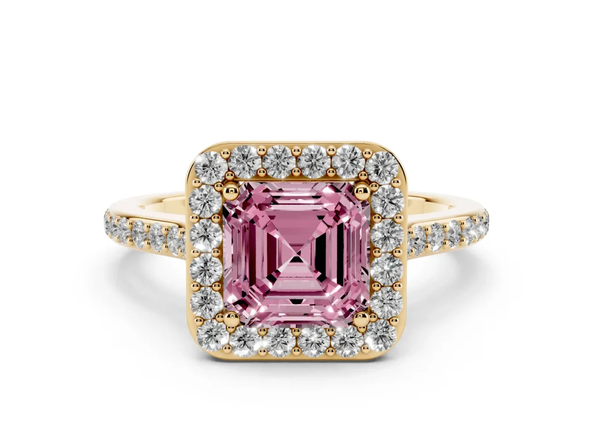 Fancy Pink Asscher Cut Diamond Halo Engagement Ring Set in Yellow gold with Round Pavé Shoulders and Heart Gallery