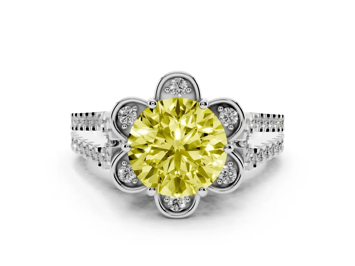 Fancy Yellow Round Cut Diamond Floral Halo Split Shank Engagement Ring Set in White gold with Pavé Shank