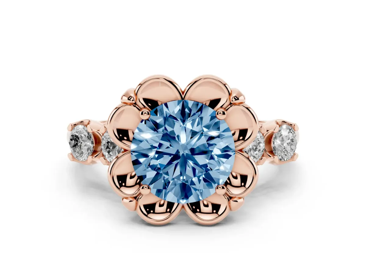 Fancy Blue Round Cut Diamond Floral Halo Ring Set in Rose gold with Shared Prong Band