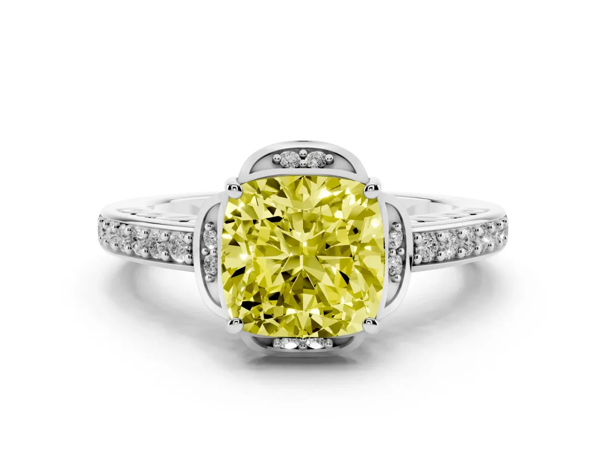 Fancy Yellow Cushion Cut Diamond Halo Ring Set in Silver with Channel Set Band and Prong Setting