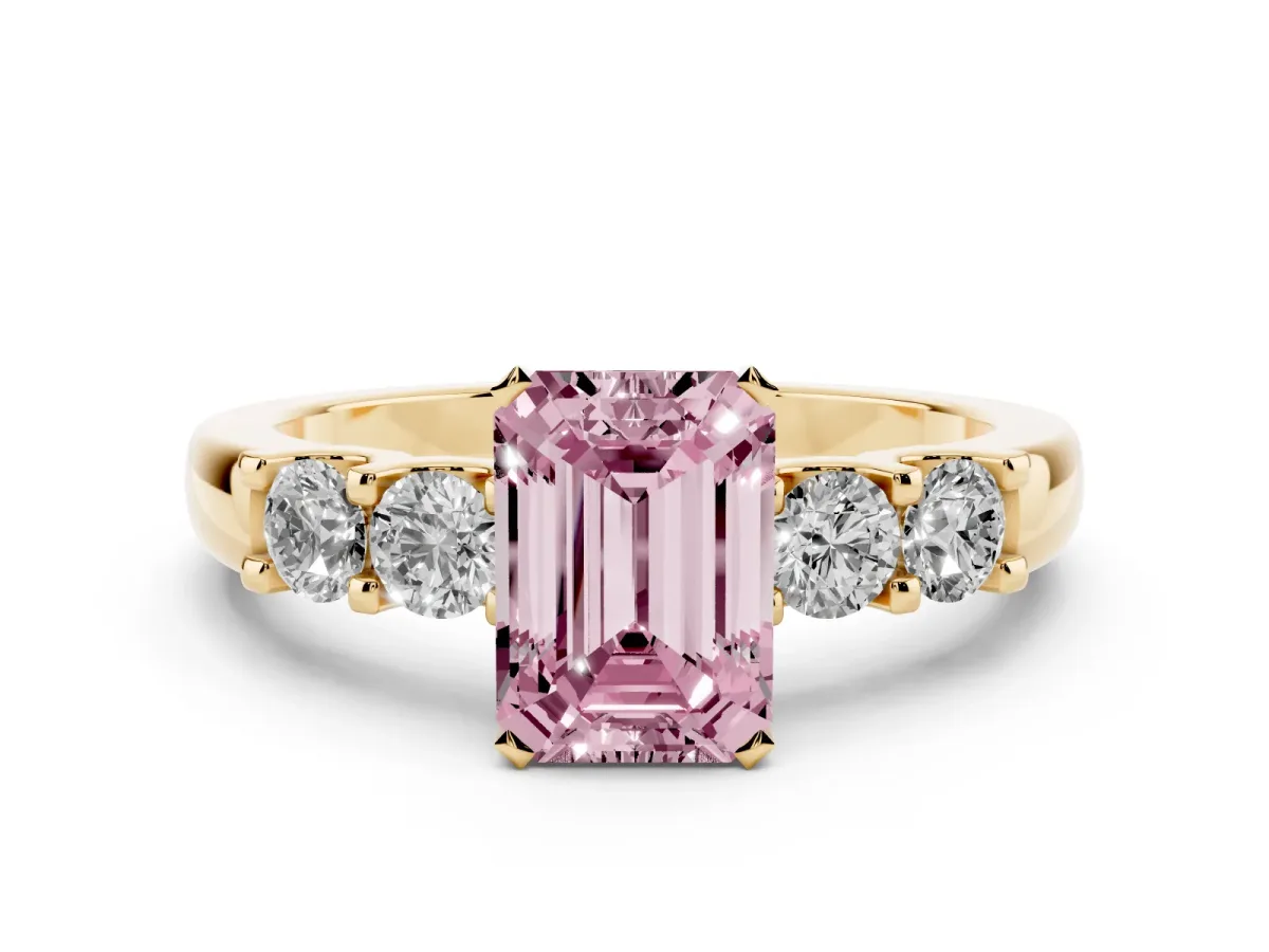 Fancy Pink Emerald Cut Diamond Five-Stone Prong Set Engagement Ring Set in Yellow gold with Channel Band