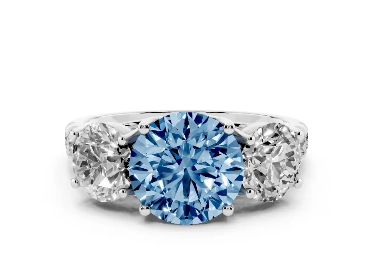 Fancy Blue Round Cut Diamond Three-Stone Ring Set in Platinum with Pavé Band