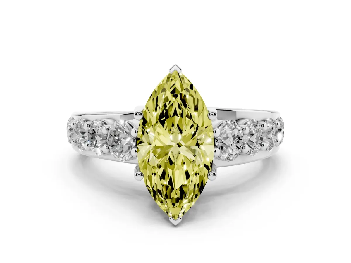Fancy Yellow Marquise Cut Diamond Pavé Engagement Ring Set in Silver with Prong Setting