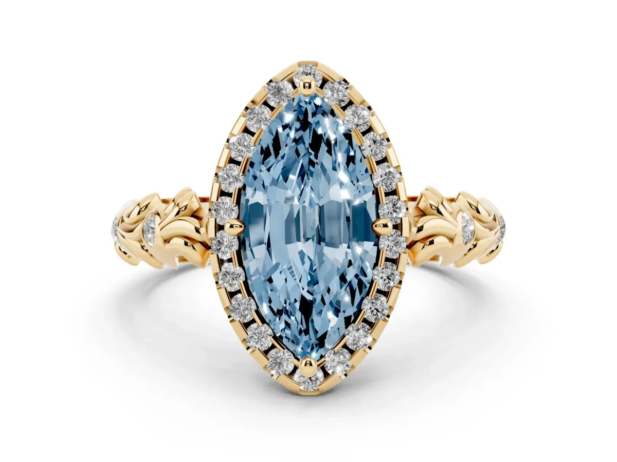 Fancy Blue Marquise Cut Diamond Halo Ring Set in Yellow gold with Filigree Leaf Band and Prong Setting