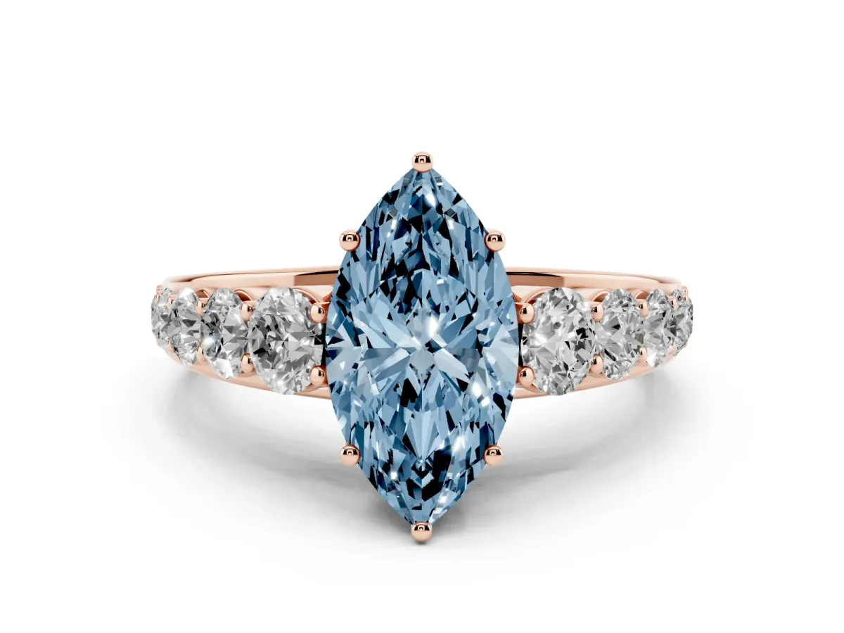 Fancy Blue Marquise Cut Diamond Solitaire Ring Set in Rose gold with Pavé-Set Band and Prong Setting