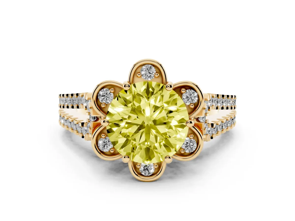 Fancy Yellow Round Cut Diamond Floral Halo Split Shank Engagement Ring Set in Yellow gold with Pavé Shank