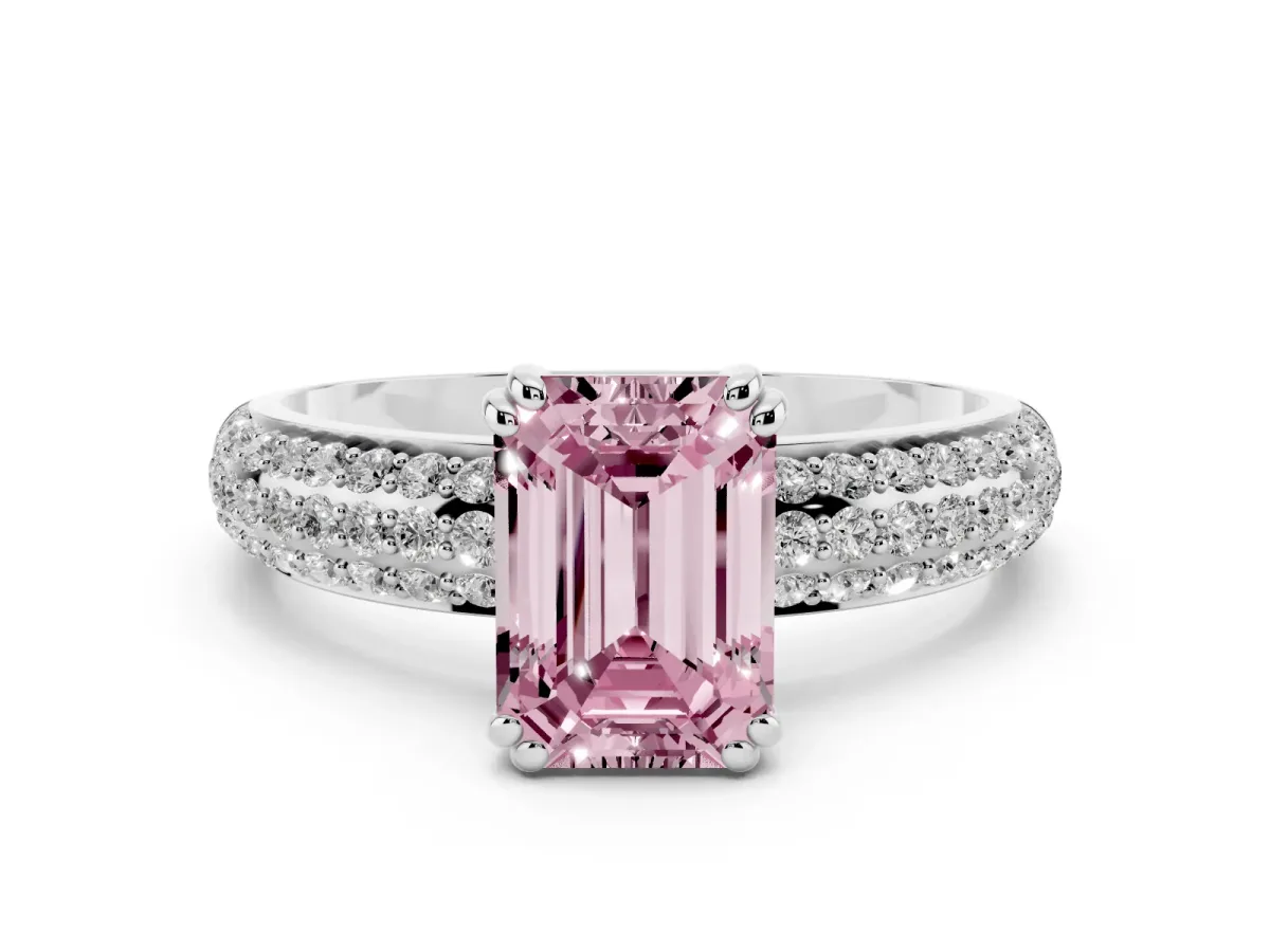 Fancy Pink Emerald Cut Diamond Solitaire Ring Set in Silver with Multi-Row Round Pavé Band and Prong Setting