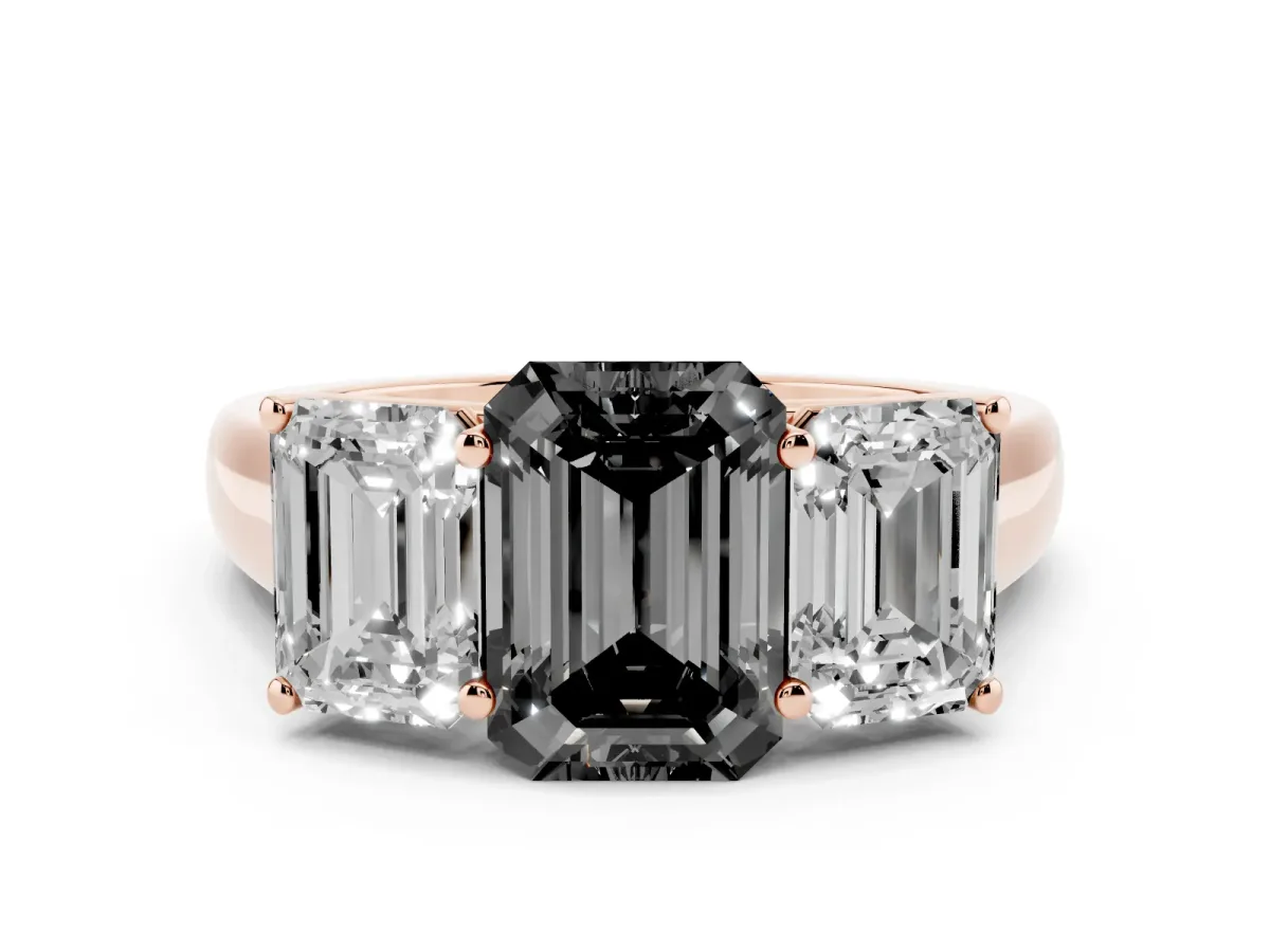 Fancy Black Emerald Cut Diamond Three-Stone Ring Set in Rose gold with Plain Polished Band