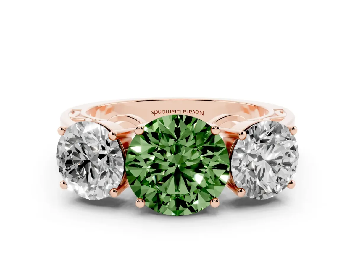 Fancy Green Round Cut Diamond Three-Stone Ring Set in Rose gold with Textured Band