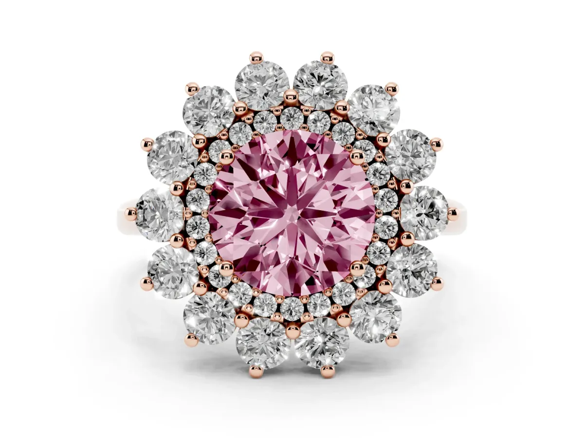 Fancy Pink Round Cut Diamond Floral Double Halo Ring Set in Rose gold with Round Petals