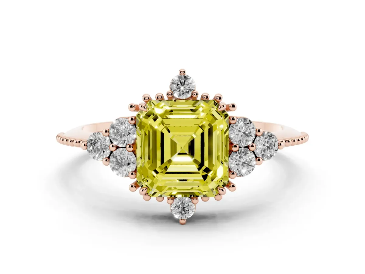 Fancy Yellow Asscher Cut Diamond Cluster Ring Set in Rose gold with Beaded Band