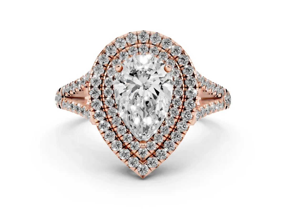 Pear Cut Diamond Double Halo Ring Set in Rose gold with Pavé Band