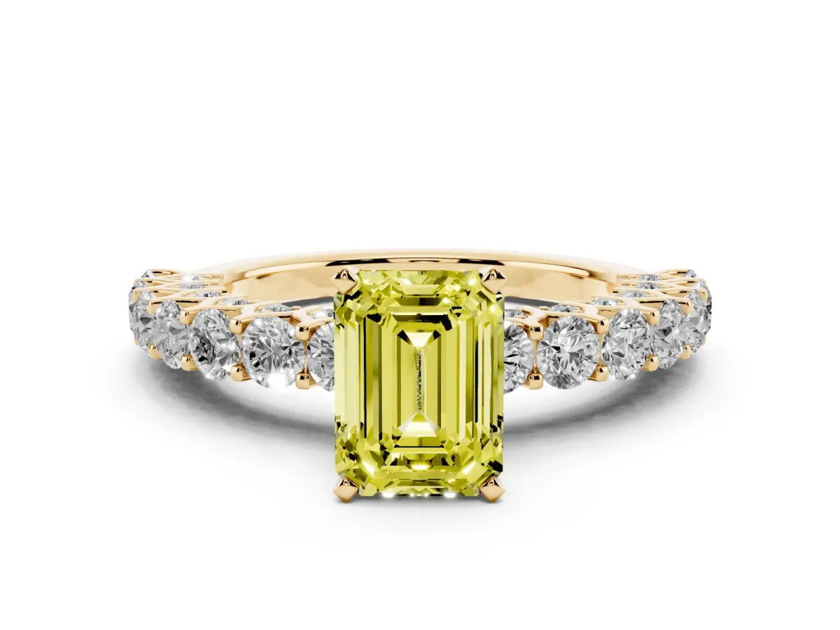 Fancy Yellow Emerald Cut Diamond Solitaire Ring Set in Yellow gold with Shared Prong Pavé Band