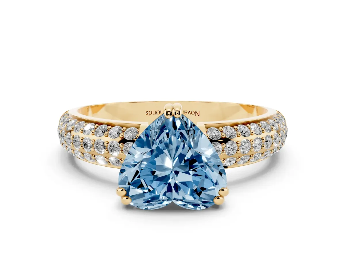 Fancy Blue Heart Cut Diamond Solitaire Ring Set in Yellow gold with Multi-Row Round Pavé Band and Prong Setting