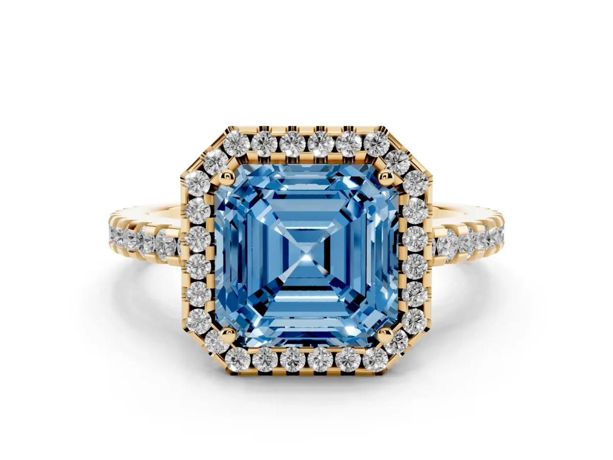 Fancy Blue Asscher Cut Diamond Halo Ring Set in Yellow gold with Pavé Shoulders and Halo-Framed Center