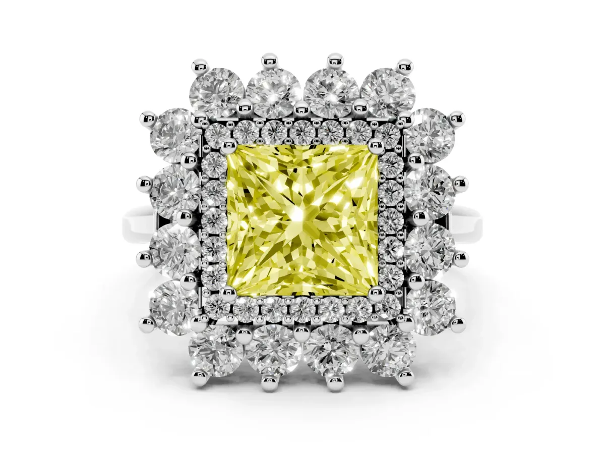 Fancy Yellow Princess Cut Diamond Floral Double Halo Ring Set in Silver with Round Petals
