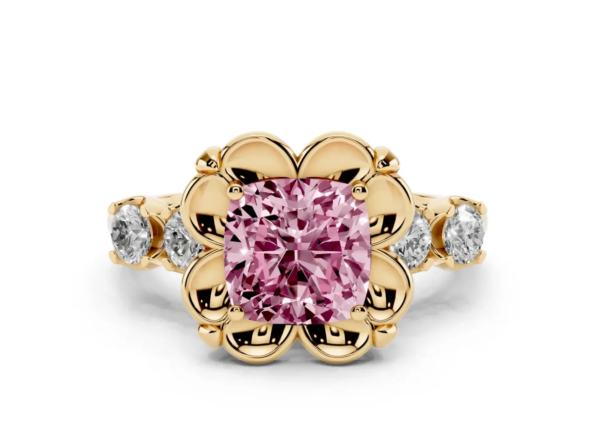 Fancy Pink Cushion Cut Diamond Floral Halo Ring Set in Yellow gold with Shared Prong Band