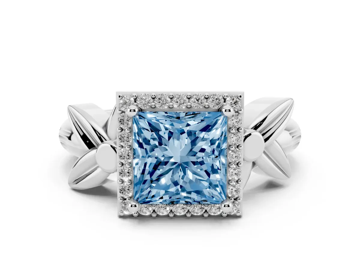 Fancy Blue Princess Cut Diamond Halo Floral Band Ring Set in White gold with Prong Setting
