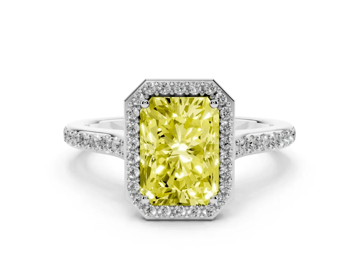 Fancy Yellow Radiant Cut Diamond Halo Engagement Ring Set in Silver with Round Pavé Shoulders and Heart Gallery
