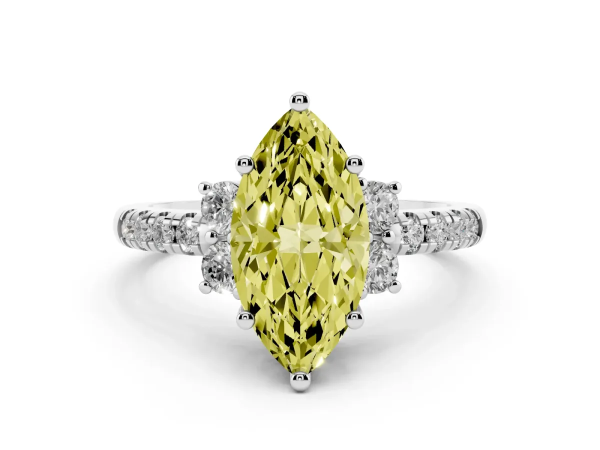 Fancy Yellow Marquise Cut Diamond Three-Stone Pavé Ring Set in Silver with Prong Setting