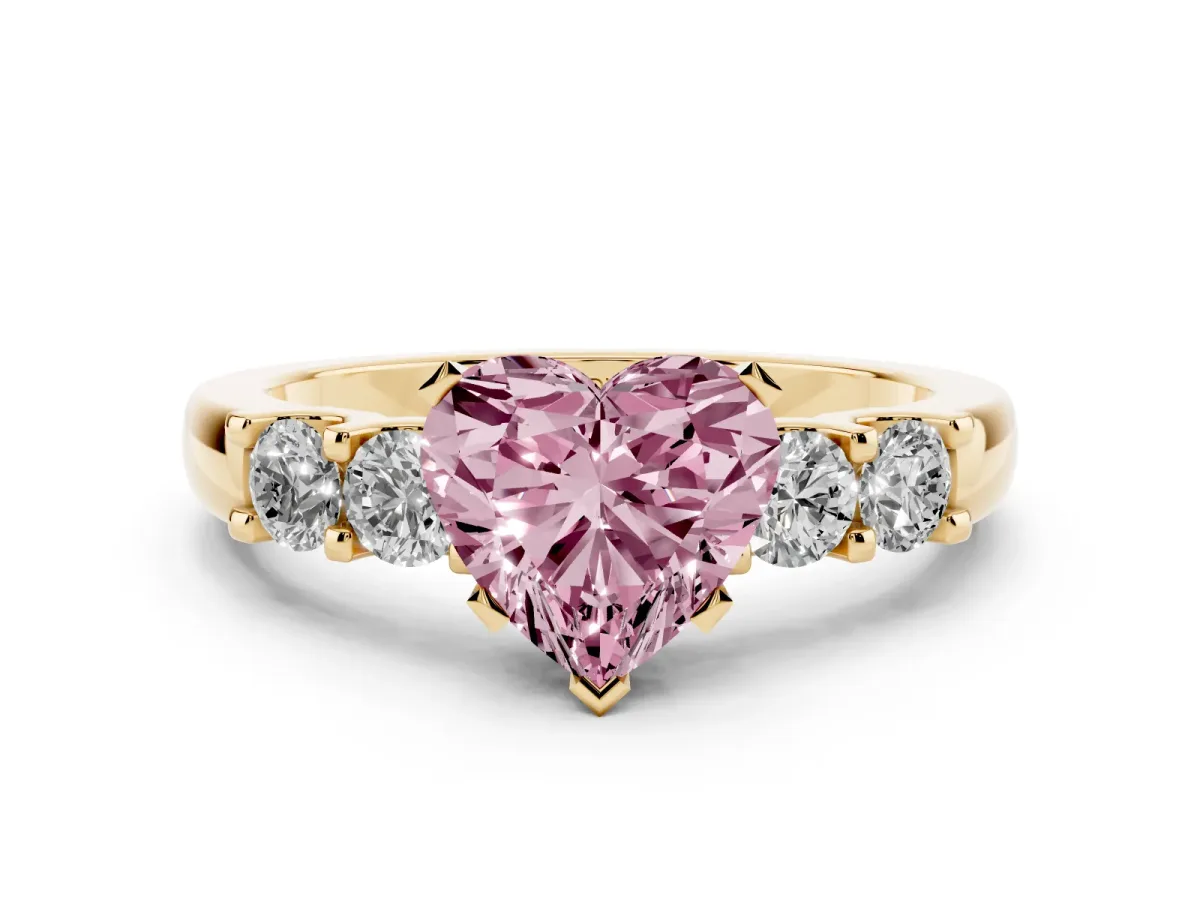 Fancy Pink Heart Cut Diamond Five-Stone Prong Set Engagement Ring Set in Yellow gold with Channel Band