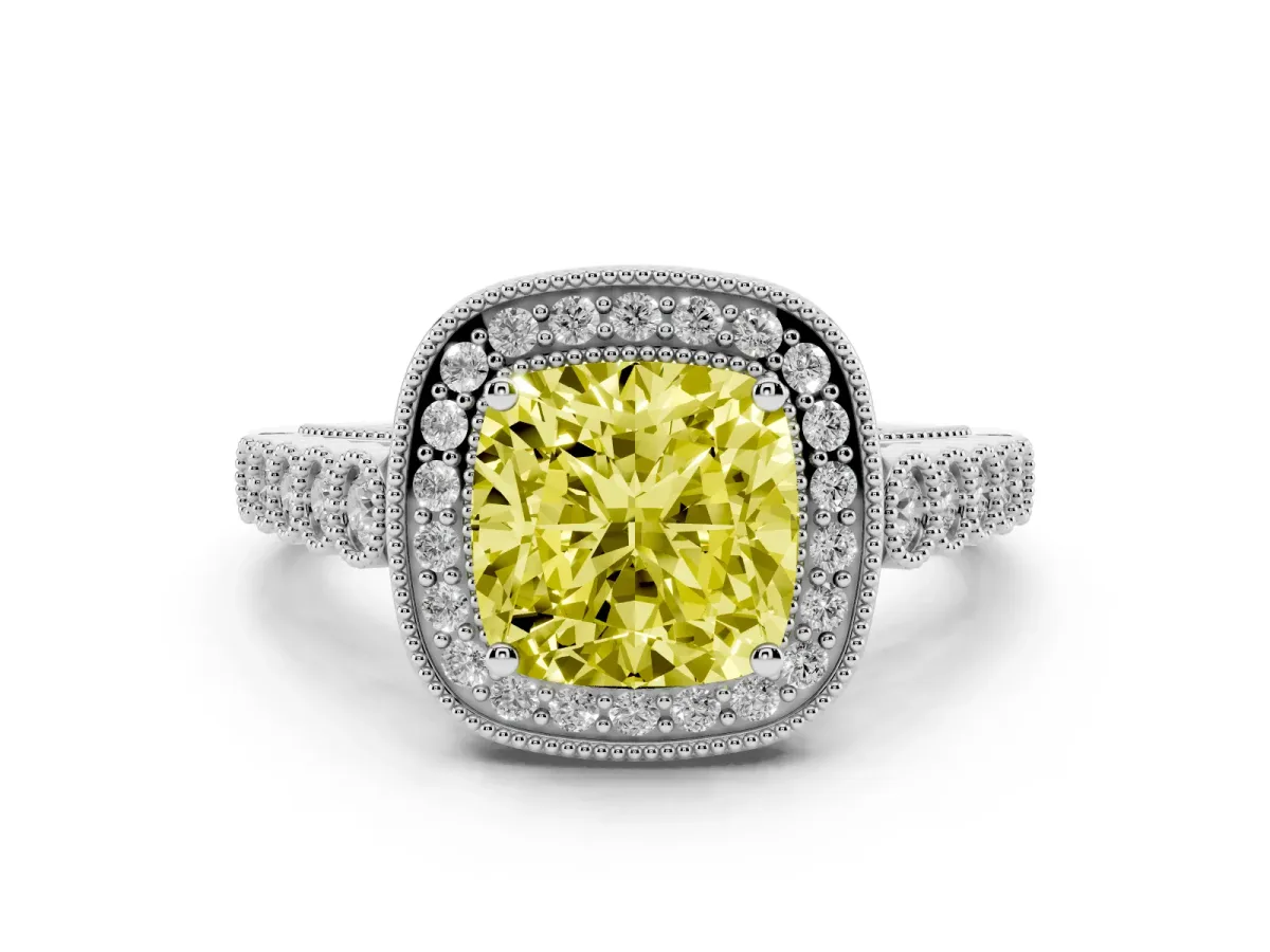 Fancy Yellow Cushion Cut Diamond Milgrain Halo Solitaire Ring Set in Silver with Bezel Set Side Stones and Pavé Band