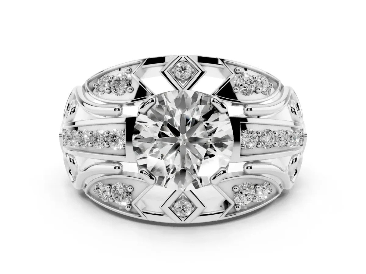Round Cut Diamond Art Deco Ring Set in White gold with Pavé Split Shank
