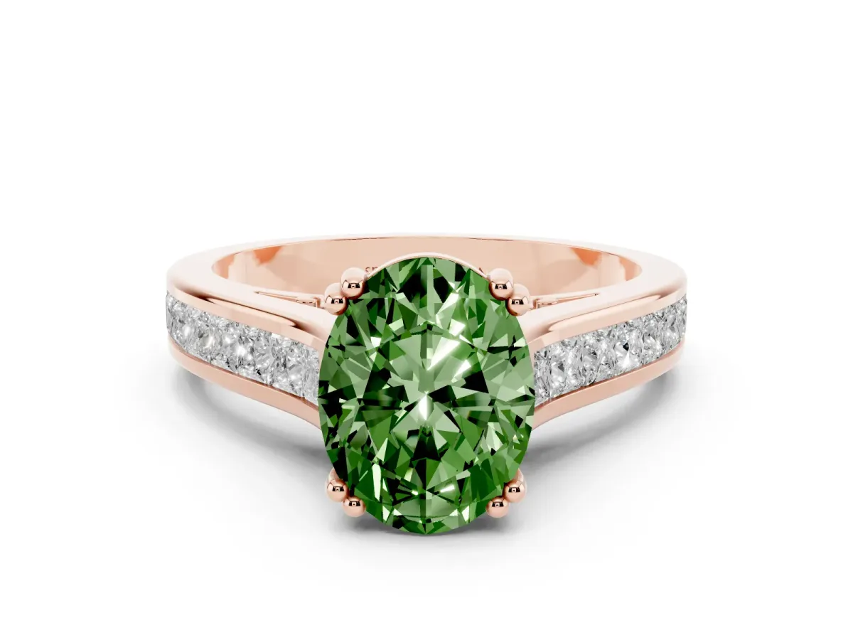 Fancy Green Oval Cut Diamond Channel Set Solitaire Engagement Ring Set in Rose gold with Prong Setting