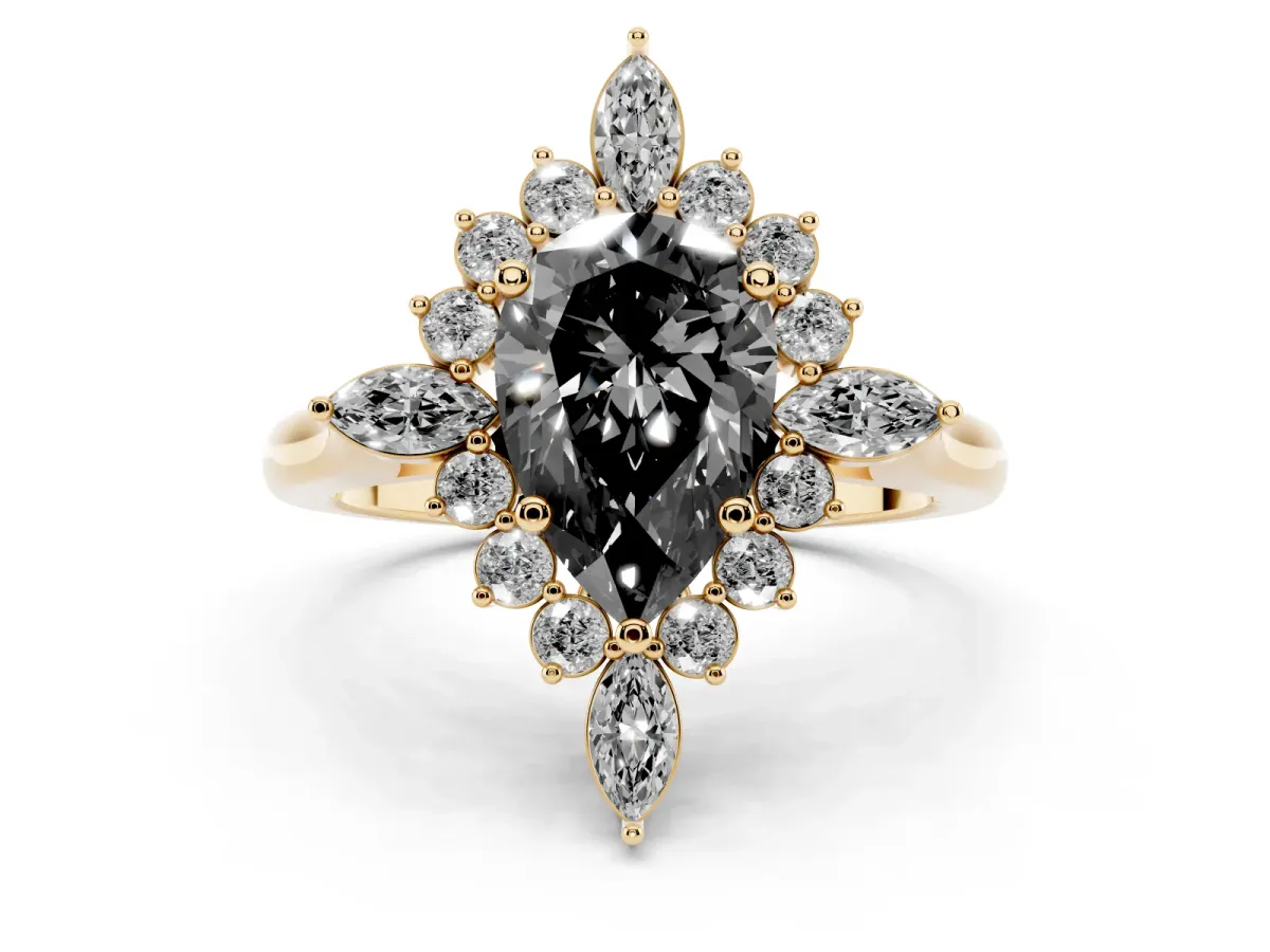 Fancy Black Pear Cut Diamond Cluster Halo Ring Set in Yellow gold with Marquise and Round Accents