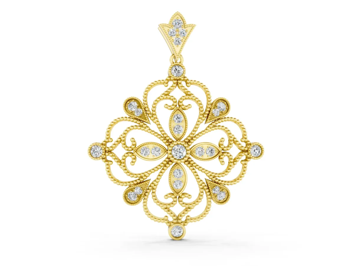 Vintage-Inspired Floral Diamond Pendant Set in Yellow gold with Pavé Scrollwork