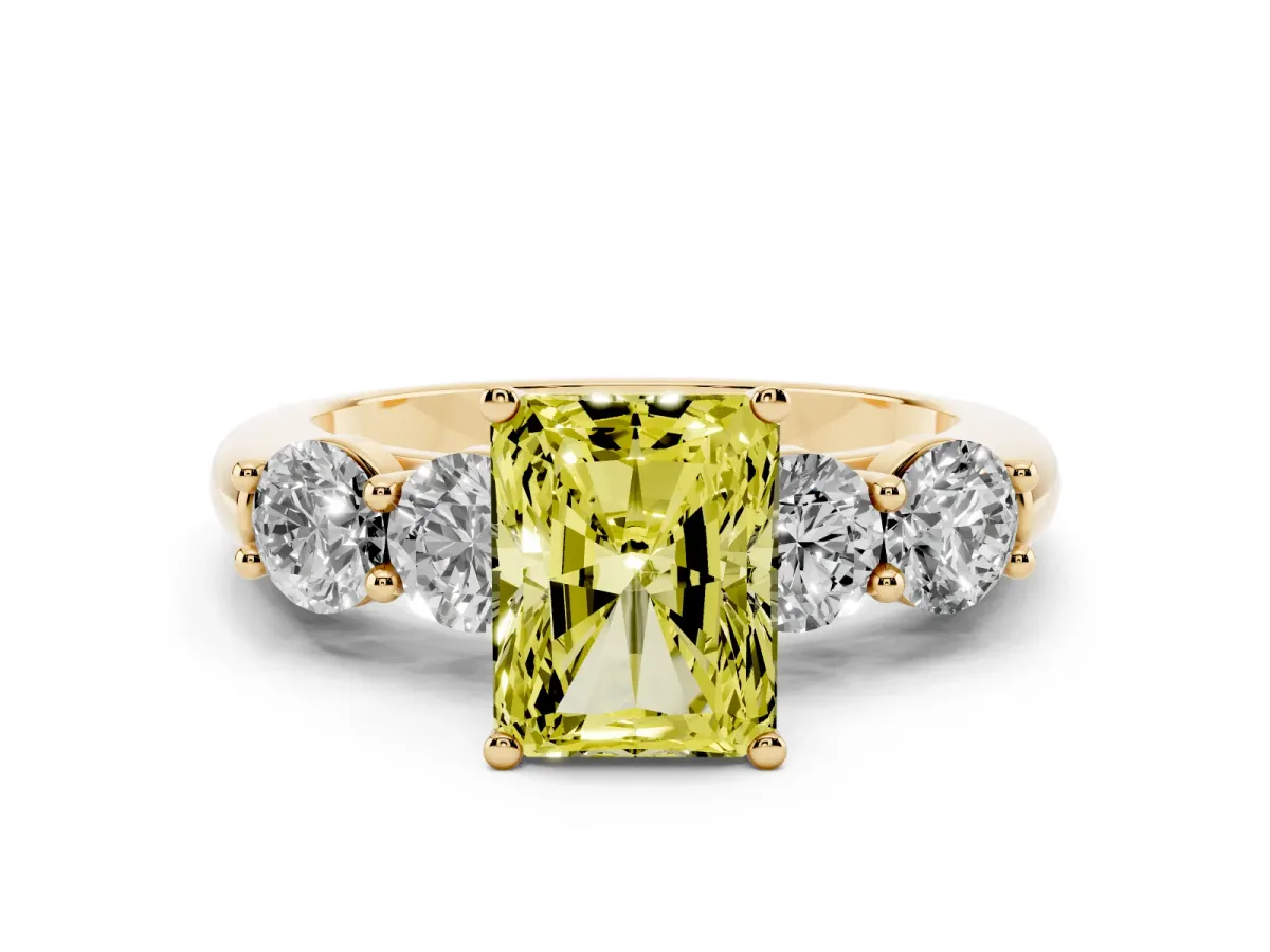 Fancy Yellow Radiant Cut Diamond Five-Stone Prong Set Ring Set in Yellow gold with Classic Band