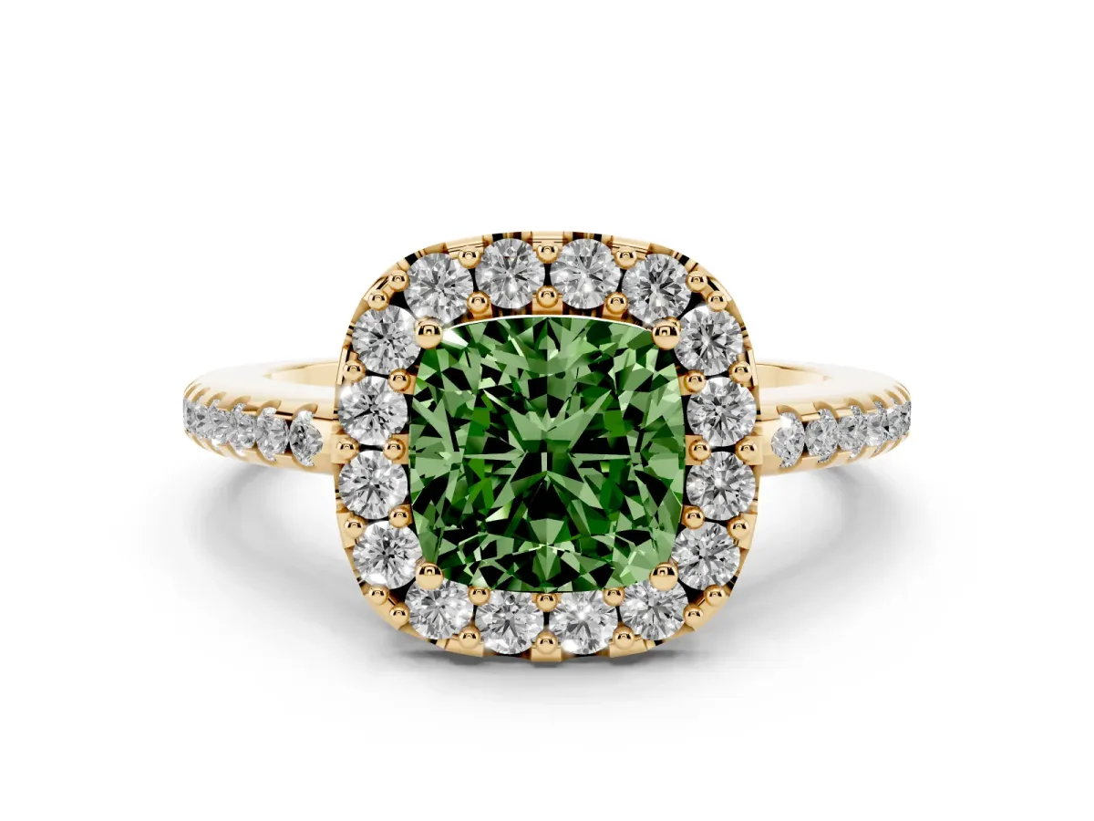Fancy Green Cushion Cut Diamond Pavé Halo Ring Set in Yellow gold with Prong Setting