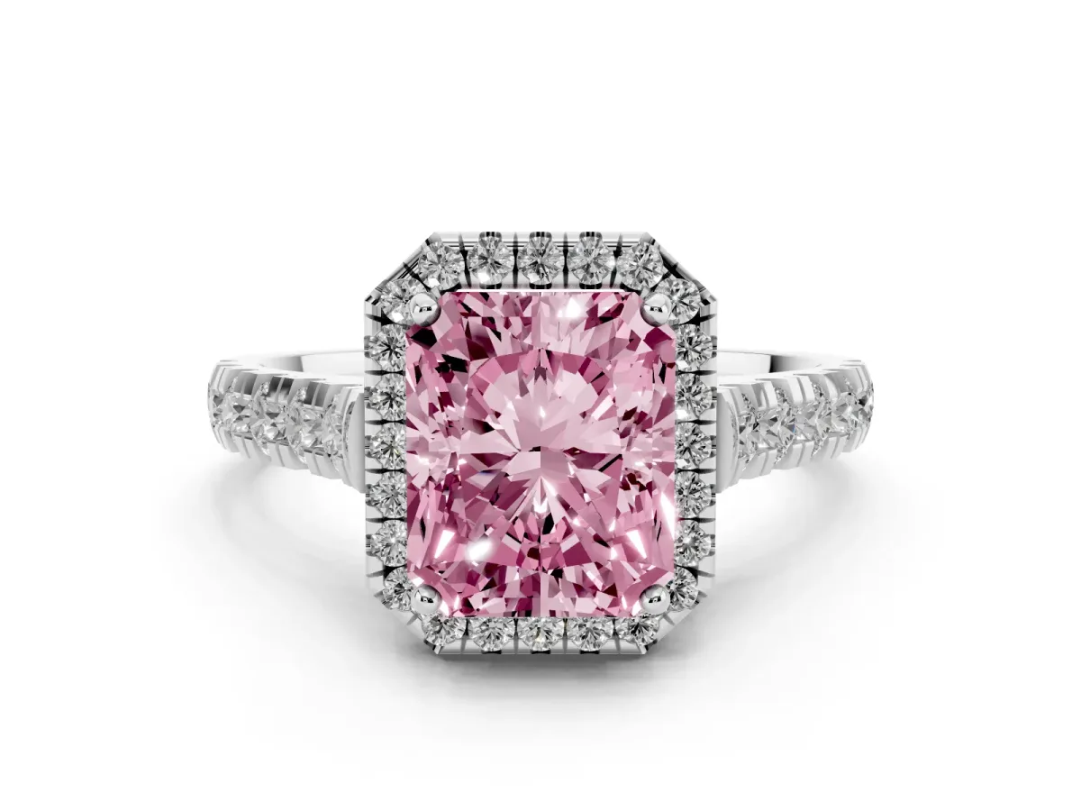 Fancy Pink Radiant Cut Diamond Halo Engagement Ring Set in Silver with Pavé Band and Prong-Set Center