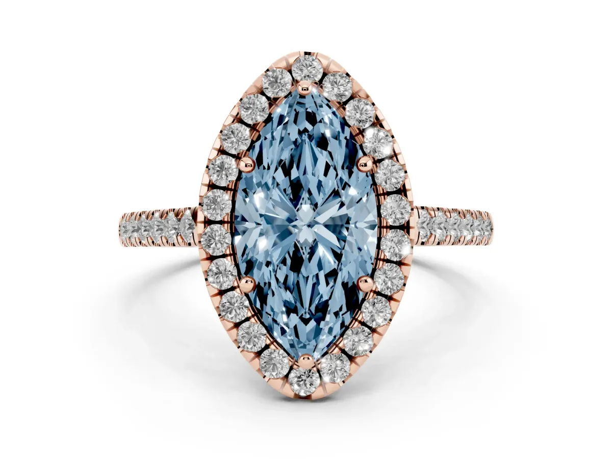 Fancy Blue Marquise Cut Diamond Pavé Halo Engagement Ring Set in Rose gold with Pavé Band and Prong Setting