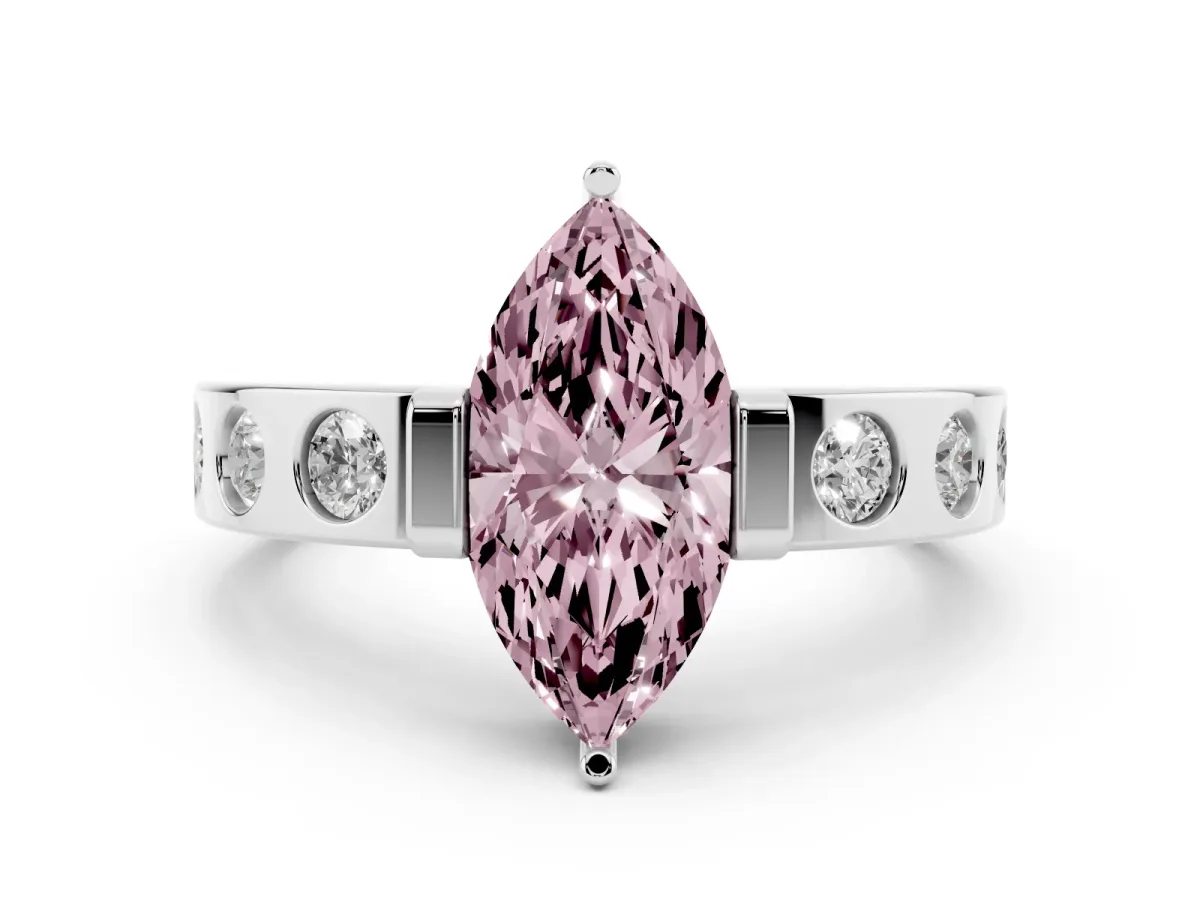 Fancy Pink Marquise Cut Diamond Channel-Set Band Ring Set in Platinum with Bezel Prong Setting