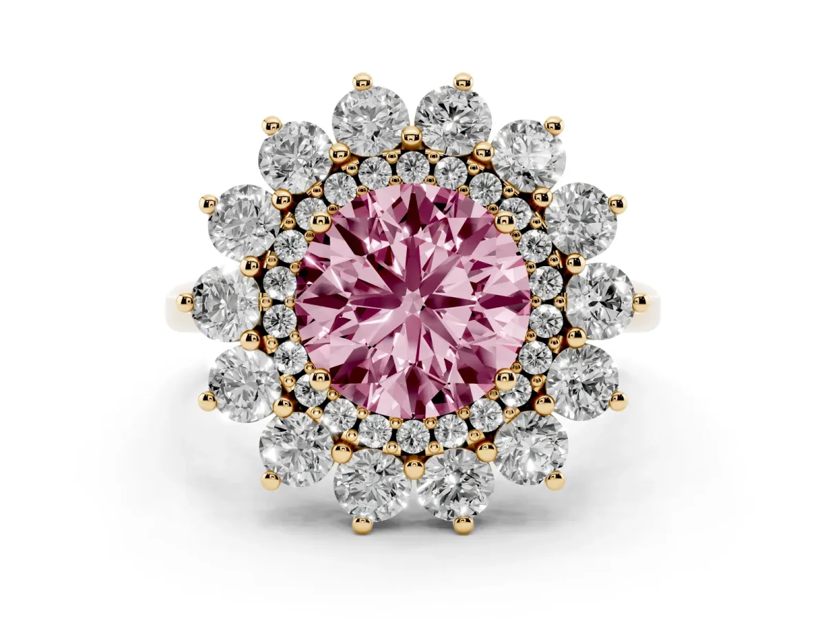 Fancy Pink Round Cut Diamond Floral Double Halo Ring Set in Yellow gold with Round Petals