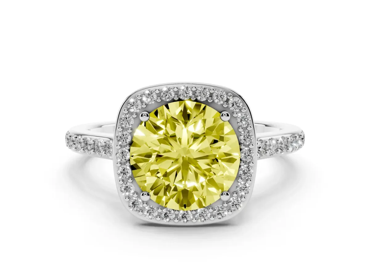 Fancy Yellow Round Cut Diamond Halo Engagement Ring Set in Silver with Round Pavé Shoulders and Heart Gallery