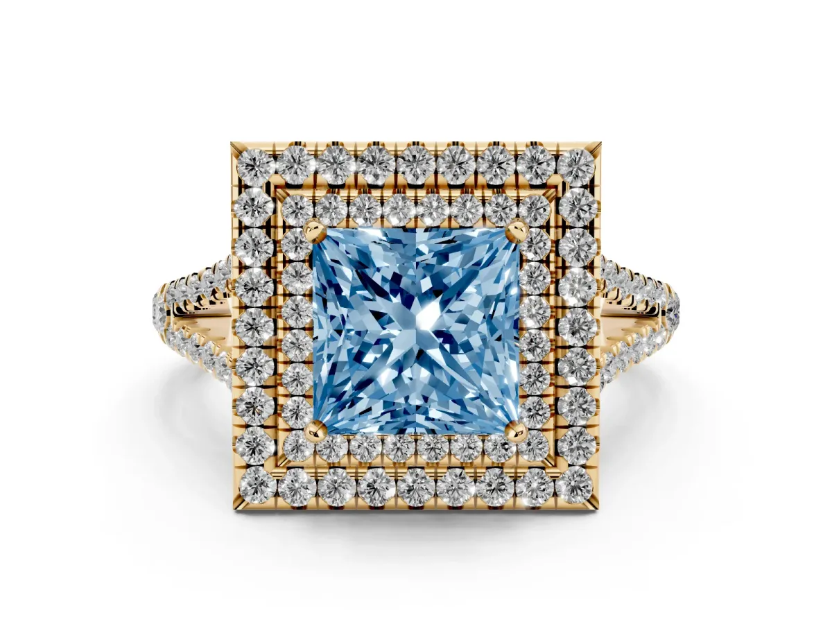 Fancy Blue Princess Cut Diamond Double Halo Ring Set in Yellow gold with Pavé Band