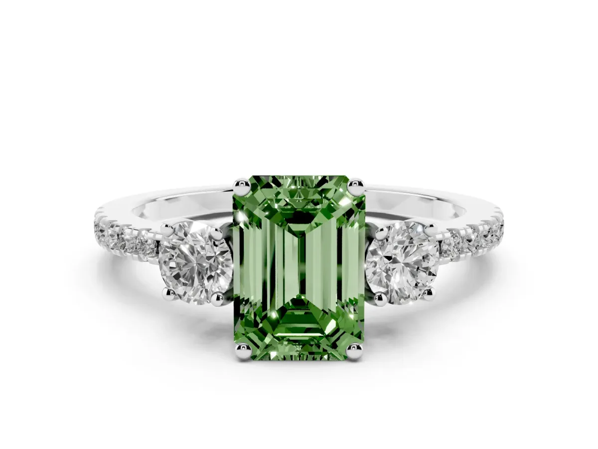 Fancy Green Emerald Cut Diamond Three-Stone Ring Set in Platinum with Pavé Band and Graduated Sides