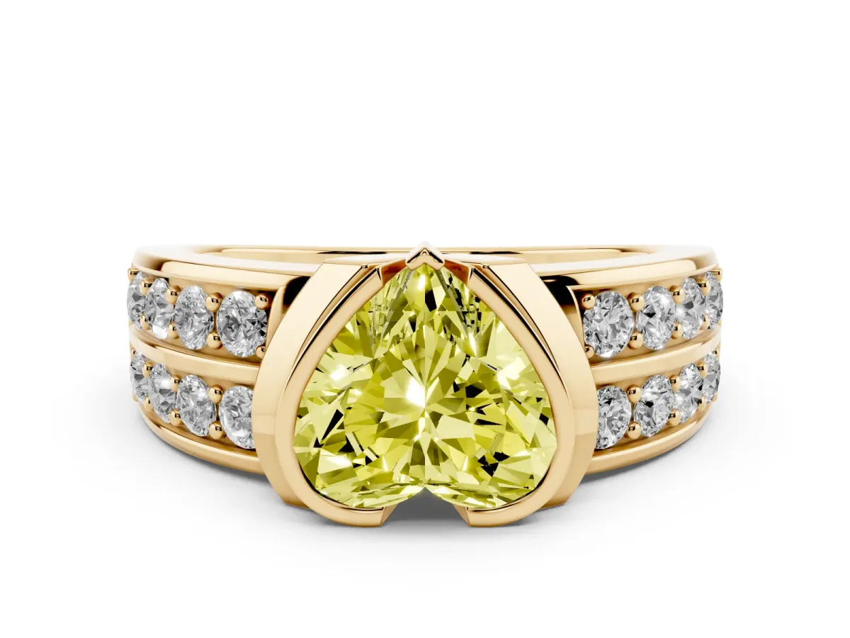 Fancy Yellow Heart Cut Diamond Wide Channel Set Band Ring Set in Yellow gold with Bezel Setting